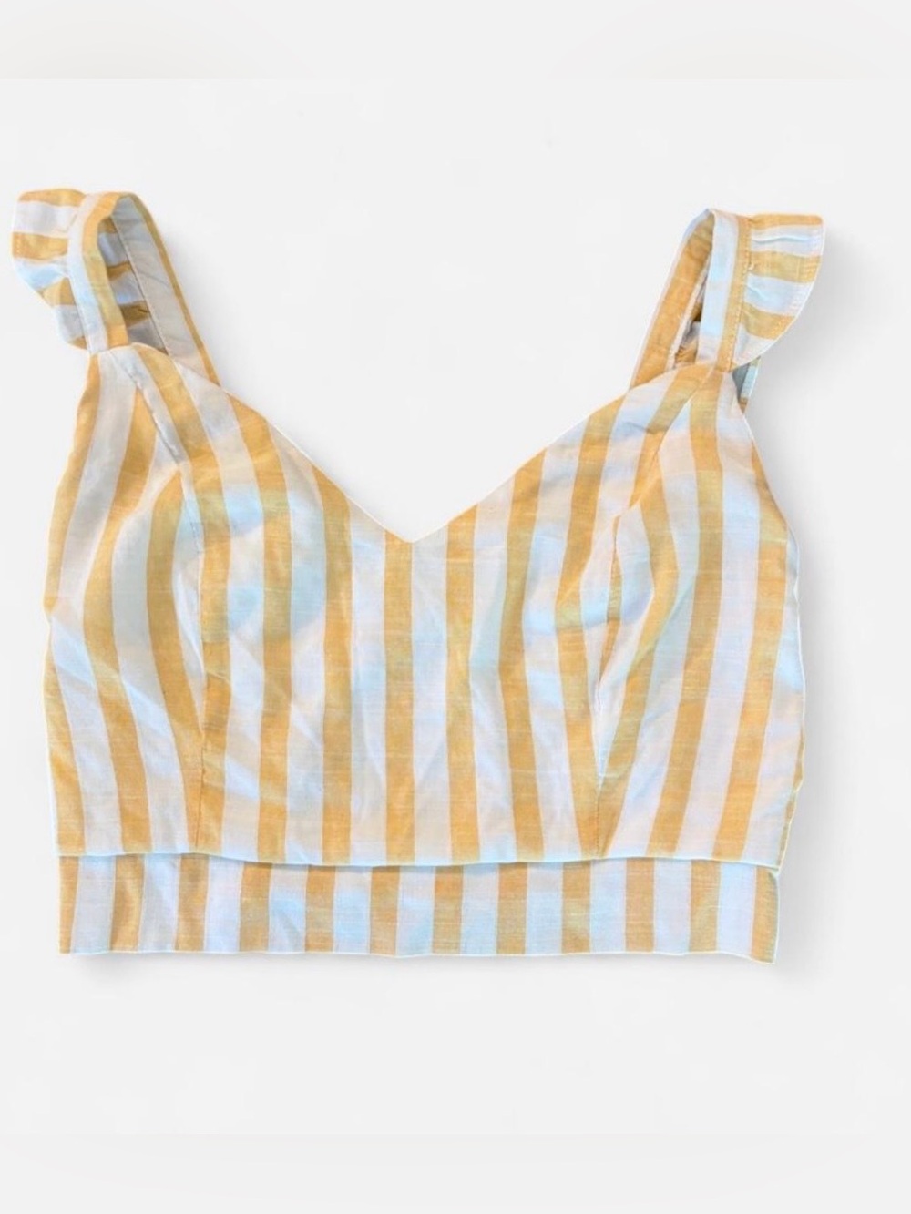 Blashe women’s Sz. L yellow and white striped crop top. Flutter tank top straps.
